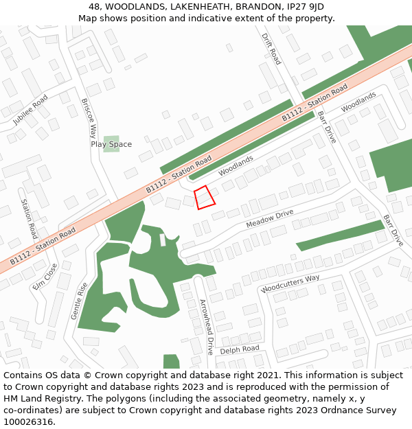 48, WOODLANDS, LAKENHEATH, BRANDON, IP27 9JD: Location map and indicative extent of plot