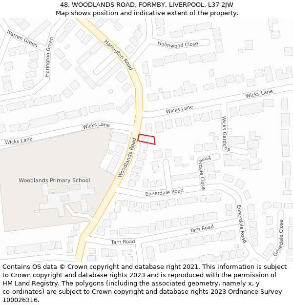 48, WOODLANDS ROAD, FORMBY, LIVERPOOL, L37 2JW: Location map and indicative extent of plot