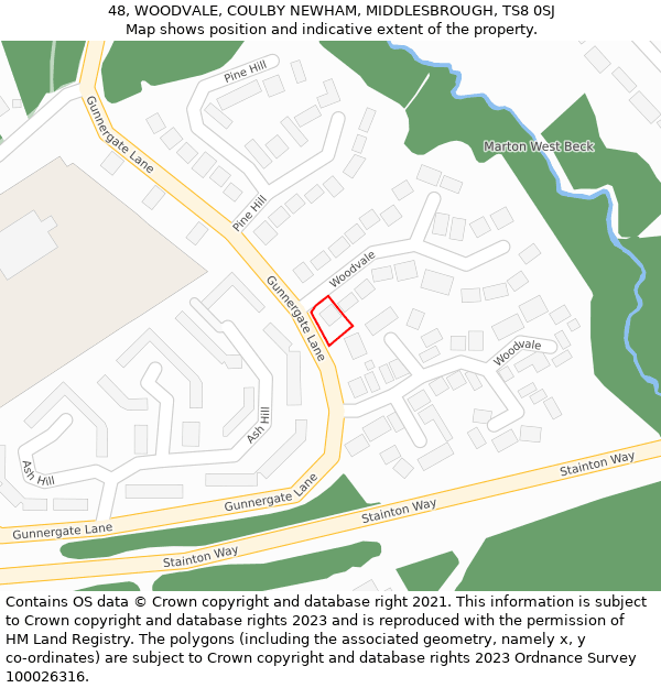 48, WOODVALE, COULBY NEWHAM, MIDDLESBROUGH, TS8 0SJ: Location map and indicative extent of plot