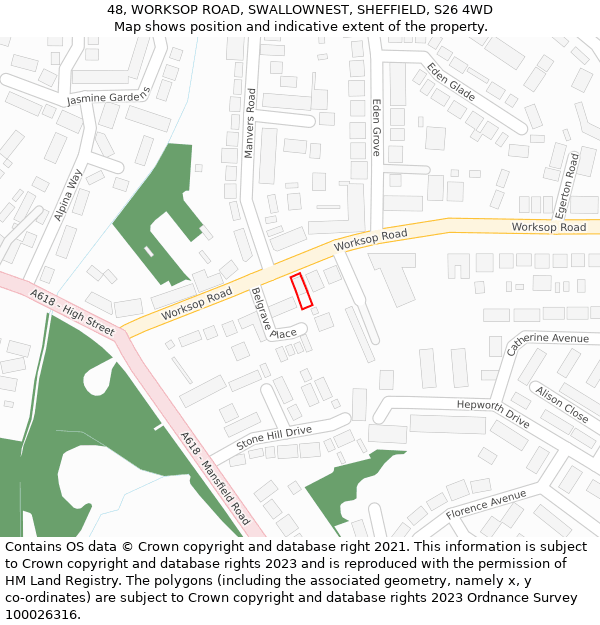 48, WORKSOP ROAD, SWALLOWNEST, SHEFFIELD, S26 4WD: Location map and indicative extent of plot