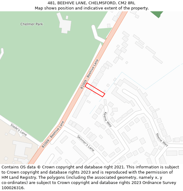 481, BEEHIVE LANE, CHELMSFORD, CM2 8RL: Location map and indicative extent of plot