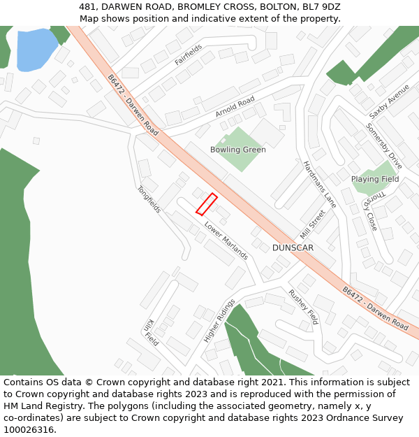 481, DARWEN ROAD, BROMLEY CROSS, BOLTON, BL7 9DZ: Location map and indicative extent of plot