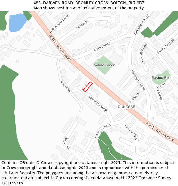 483, DARWEN ROAD, BROMLEY CROSS, BOLTON, BL7 9DZ: Location map and indicative extent of plot