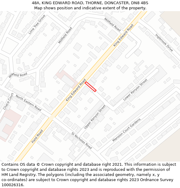 48A, KING EDWARD ROAD, THORNE, DONCASTER, DN8 4BS: Location map and indicative extent of plot