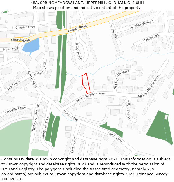 48A, SPRINGMEADOW LANE, UPPERMILL, OLDHAM, OL3 6HH: Location map and indicative extent of plot