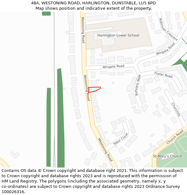 48A, WESTONING ROAD, HARLINGTON, DUNSTABLE, LU5 6PD: Location map and indicative extent of plot
