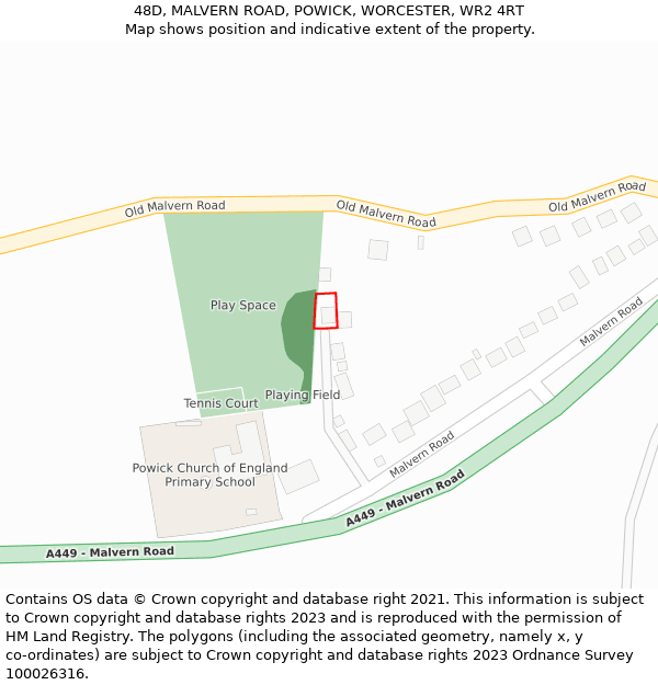 48D, MALVERN ROAD, POWICK, WORCESTER, WR2 4RT: Location map and indicative extent of plot