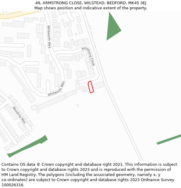 49, ARMSTRONG CLOSE, WILSTEAD, BEDFORD, MK45 3EJ: Location map and indicative extent of plot