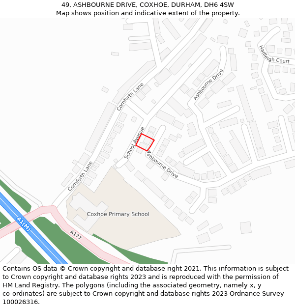 49, ASHBOURNE DRIVE, COXHOE, DURHAM, DH6 4SW: Location map and indicative extent of plot