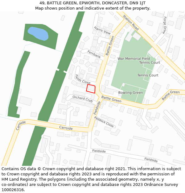 49, BATTLE GREEN, EPWORTH, DONCASTER, DN9 1JT: Location map and indicative extent of plot