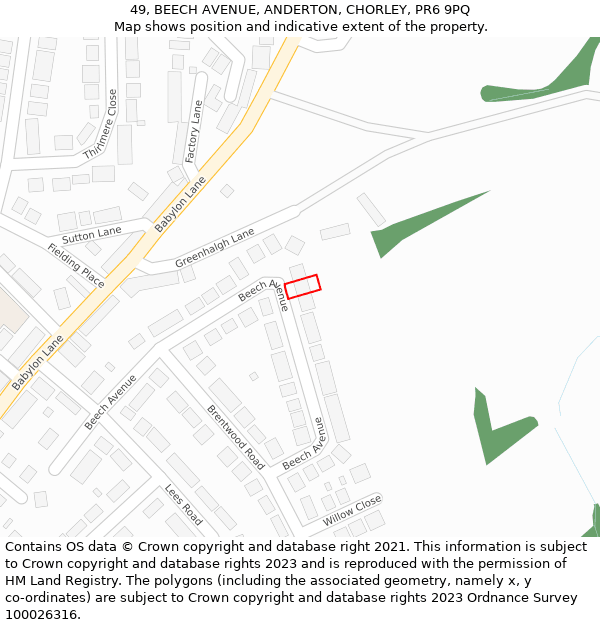 49, BEECH AVENUE, ANDERTON, CHORLEY, PR6 9PQ: Location map and indicative extent of plot