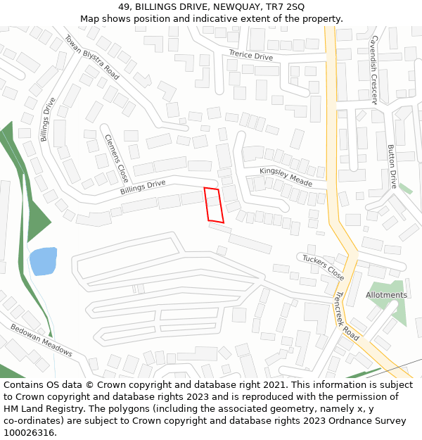 49, BILLINGS DRIVE, NEWQUAY, TR7 2SQ: Location map and indicative extent of plot