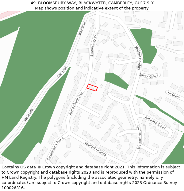 49, BLOOMSBURY WAY, BLACKWATER, CAMBERLEY, GU17 9LY: Location map and indicative extent of plot