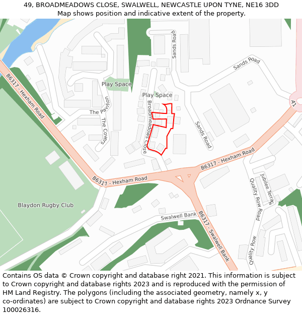 49, BROADMEADOWS CLOSE, SWALWELL, NEWCASTLE UPON TYNE, NE16 3DD: Location map and indicative extent of plot