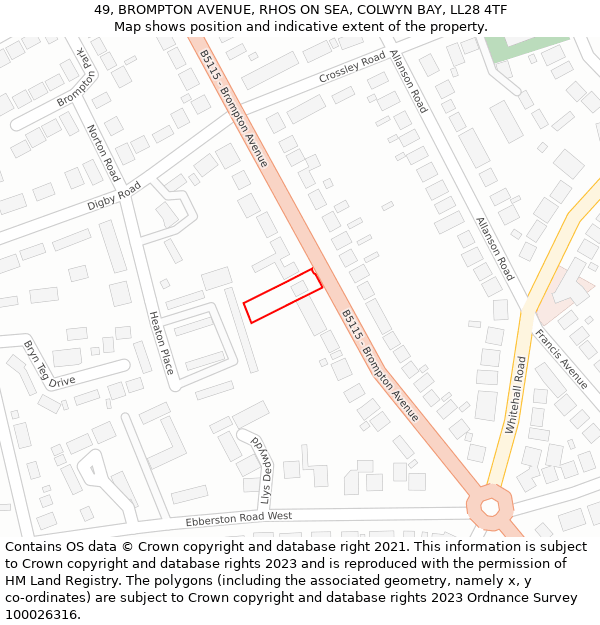 49, BROMPTON AVENUE, RHOS ON SEA, COLWYN BAY, LL28 4TF: Location map and indicative extent of plot