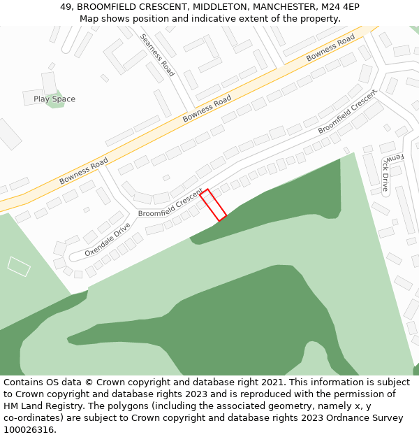 49, BROOMFIELD CRESCENT, MIDDLETON, MANCHESTER, M24 4EP: Location map and indicative extent of plot