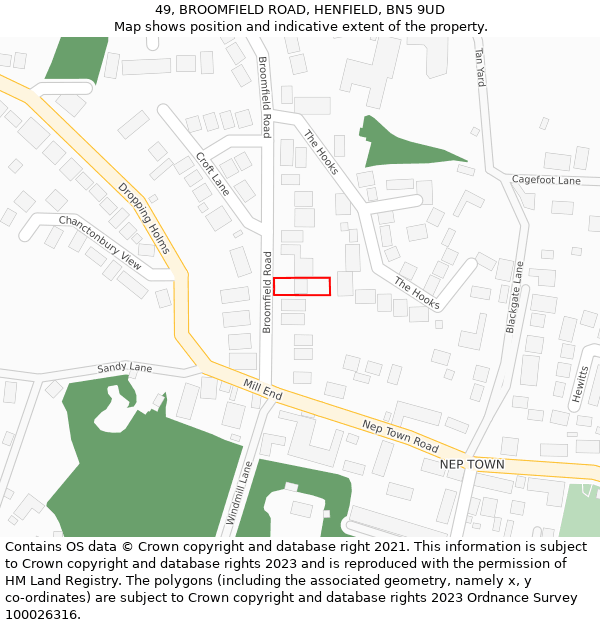 49, BROOMFIELD ROAD, HENFIELD, BN5 9UD: Location map and indicative extent of plot