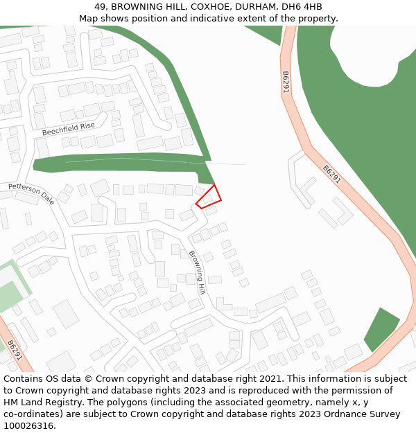 49, BROWNING HILL, COXHOE, DURHAM, DH6 4HB: Location map and indicative extent of plot