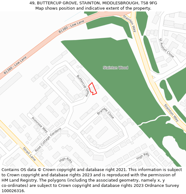 49, BUTTERCUP GROVE, STAINTON, MIDDLESBROUGH, TS8 9FG: Location map and indicative extent of plot