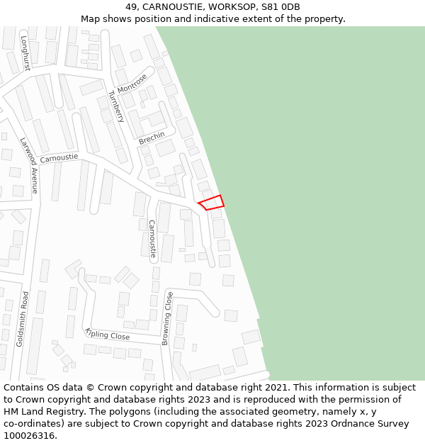 49, CARNOUSTIE, WORKSOP, S81 0DB: Location map and indicative extent of plot