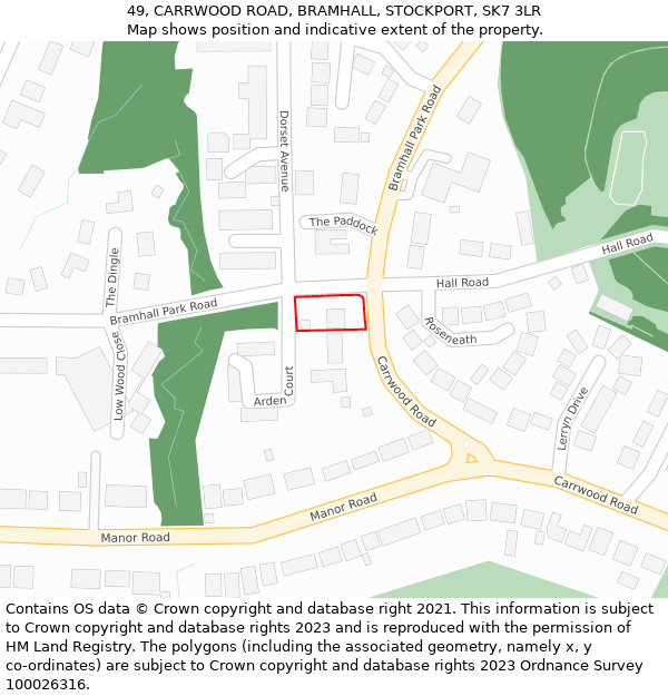 49, CARRWOOD ROAD, BRAMHALL, STOCKPORT, SK7 3LR: Location map and indicative extent of plot