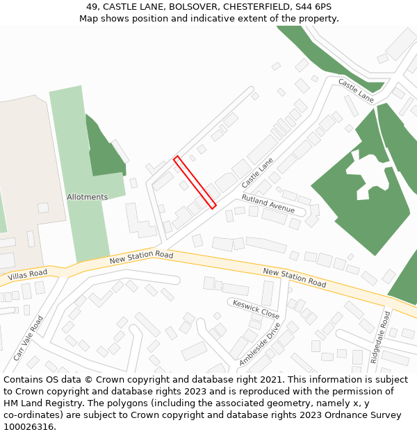 49, CASTLE LANE, BOLSOVER, CHESTERFIELD, S44 6PS: Location map and indicative extent of plot