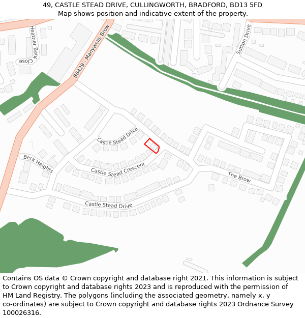 49, CASTLE STEAD DRIVE, CULLINGWORTH, BRADFORD, BD13 5FD: Location map and indicative extent of plot