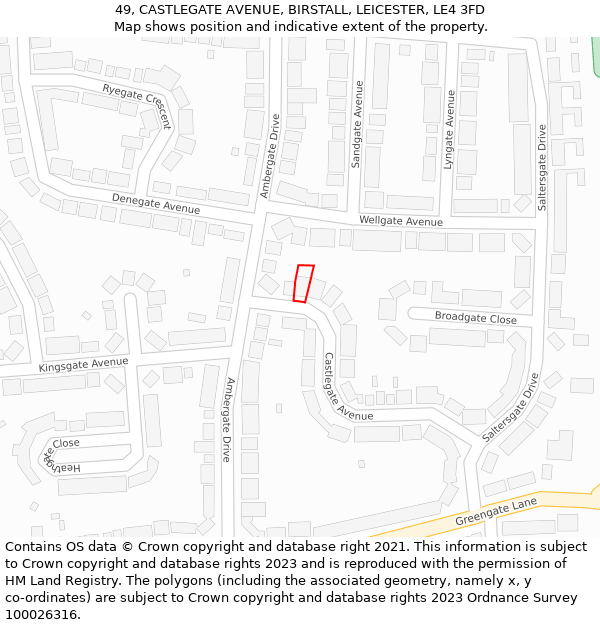 49, CASTLEGATE AVENUE, BIRSTALL, LEICESTER, LE4 3FD: Location map and indicative extent of plot