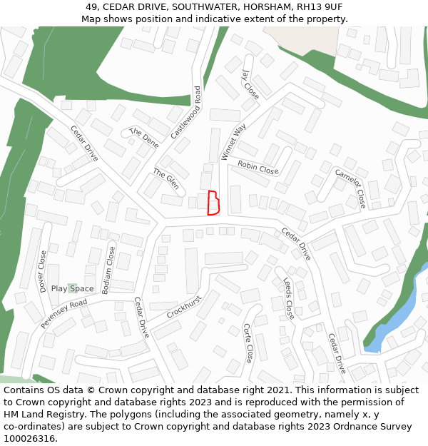 49, CEDAR DRIVE, SOUTHWATER, HORSHAM, RH13 9UF: Location map and indicative extent of plot