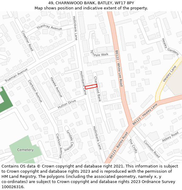 49, CHARNWOOD BANK, BATLEY, WF17 8PY: Location map and indicative extent of plot