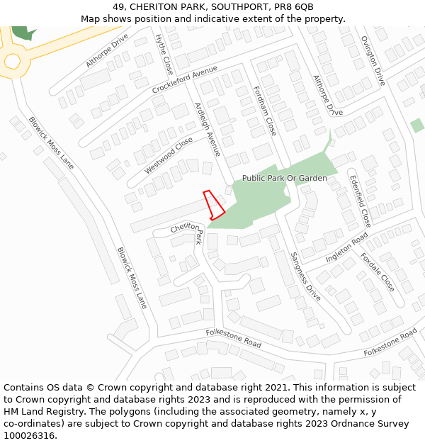 49, CHERITON PARK, SOUTHPORT, PR8 6QB: Location map and indicative extent of plot