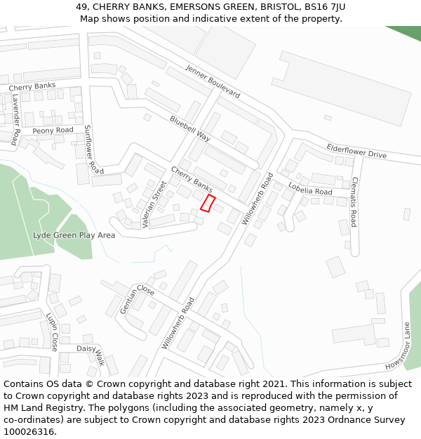 49, CHERRY BANKS, EMERSONS GREEN, BRISTOL, BS16 7JU: Location map and indicative extent of plot