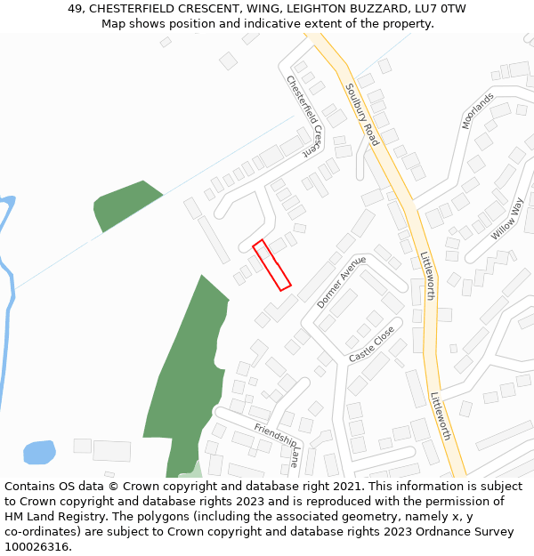 49, CHESTERFIELD CRESCENT, WING, LEIGHTON BUZZARD, LU7 0TW: Location map and indicative extent of plot