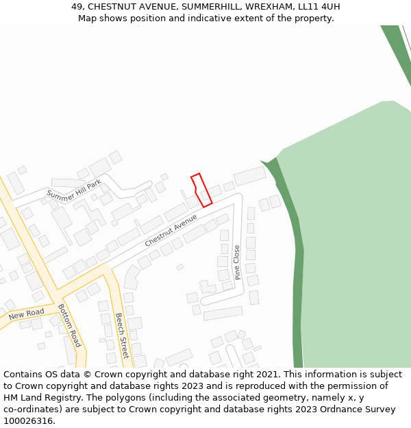 49, CHESTNUT AVENUE, SUMMERHILL, WREXHAM, LL11 4UH: Location map and indicative extent of plot