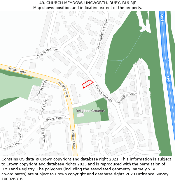 49, CHURCH MEADOW, UNSWORTH, BURY, BL9 8JF: Location map and indicative extent of plot