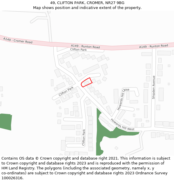 49, CLIFTON PARK, CROMER, NR27 9BG: Location map and indicative extent of plot