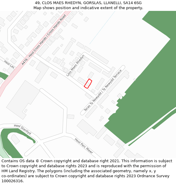 49, CLOS MAES RHEDYN, GORSLAS, LLANELLI, SA14 6SG: Location map and indicative extent of plot