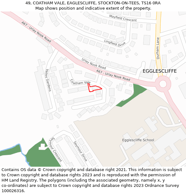 49, COATHAM VALE, EAGLESCLIFFE, STOCKTON-ON-TEES, TS16 0RA: Location map and indicative extent of plot