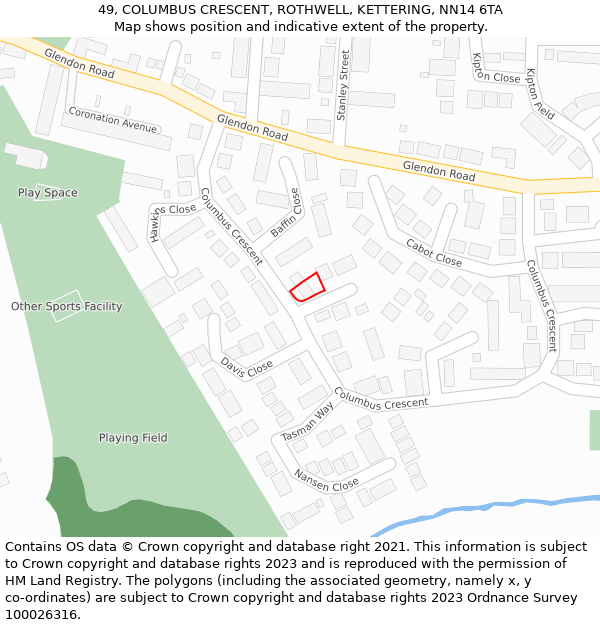 49, COLUMBUS CRESCENT, ROTHWELL, KETTERING, NN14 6TA: Location map and indicative extent of plot