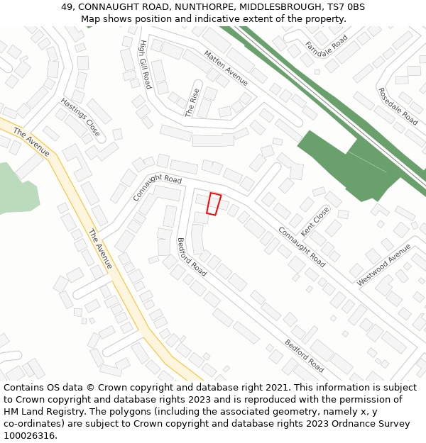 49, CONNAUGHT ROAD, NUNTHORPE, MIDDLESBROUGH, TS7 0BS: Location map and indicative extent of plot