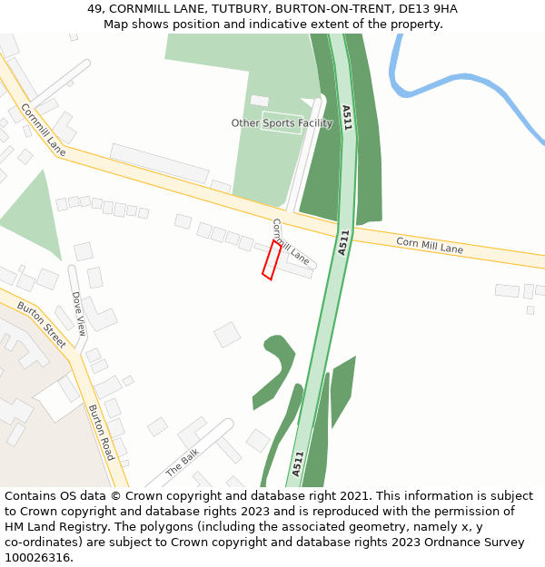 49, CORNMILL LANE, TUTBURY, BURTON-ON-TRENT, DE13 9HA: Location map and indicative extent of plot