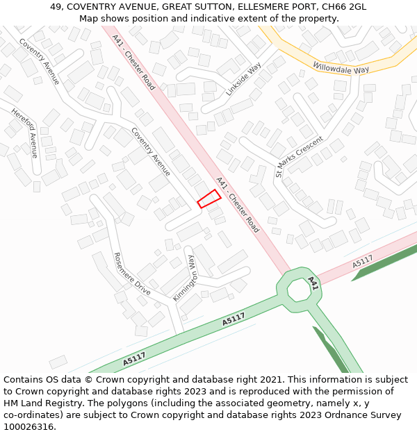 49, COVENTRY AVENUE, GREAT SUTTON, ELLESMERE PORT, CH66 2GL: Location map and indicative extent of plot