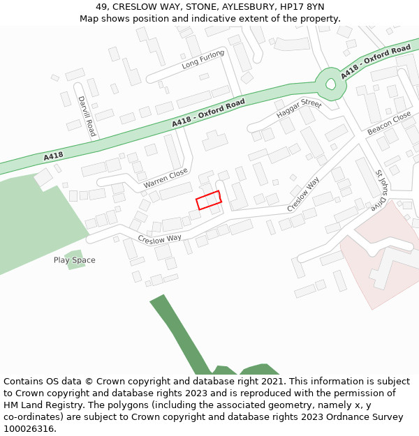 49, CRESLOW WAY, STONE, AYLESBURY, HP17 8YN: Location map and indicative extent of plot