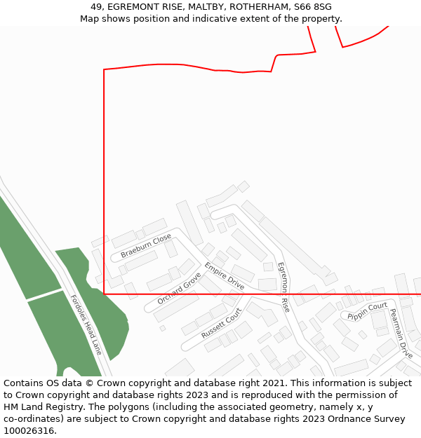 49, EGREMONT RISE, MALTBY, ROTHERHAM, S66 8SG: Location map and indicative extent of plot
