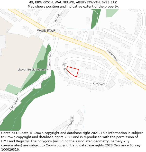 49, ERW GOCH, WAUNFAWR, ABERYSTWYTH, SY23 3AZ: Location map and indicative extent of plot