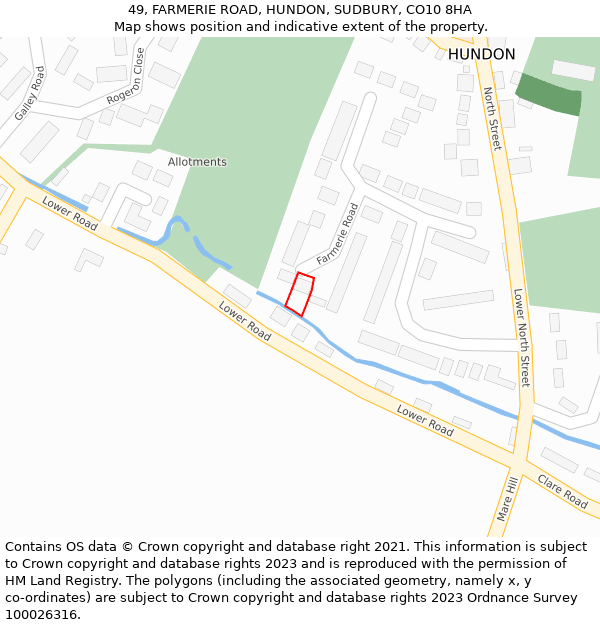 49, FARMERIE ROAD, HUNDON, SUDBURY, CO10 8HA: Location map and indicative extent of plot