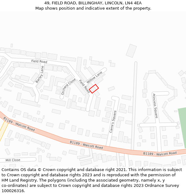 49, FIELD ROAD, BILLINGHAY, LINCOLN, LN4 4EA: Location map and indicative extent of plot