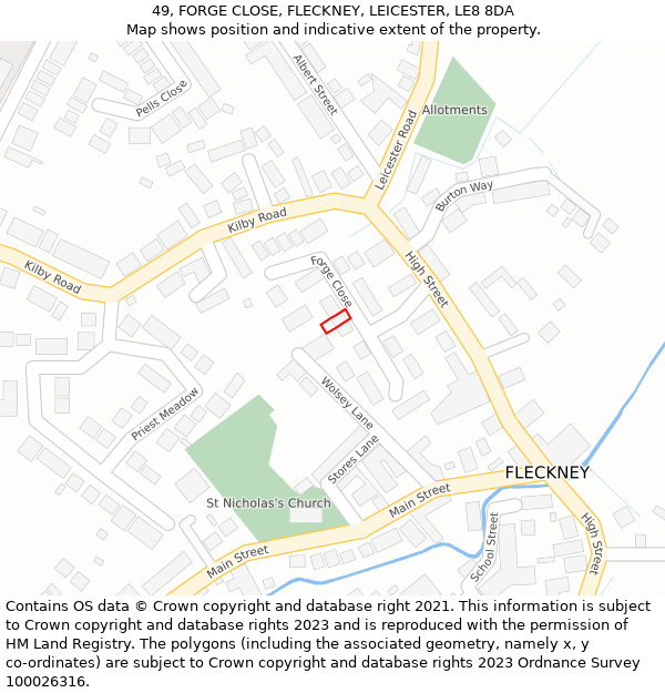 49, FORGE CLOSE, FLECKNEY, LEICESTER, LE8 8DA: Location map and indicative extent of plot