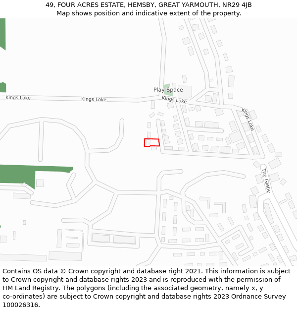 49, FOUR ACRES ESTATE, HEMSBY, GREAT YARMOUTH, NR29 4JB: Location map and indicative extent of plot