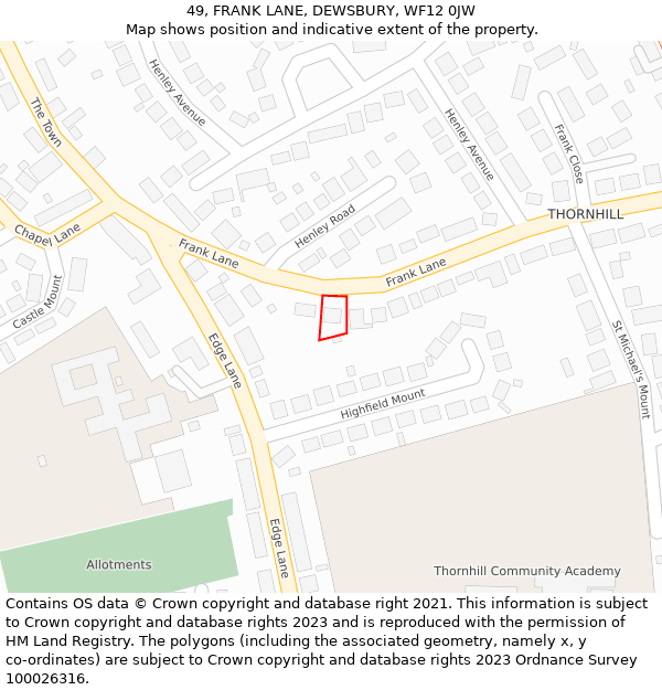 49, FRANK LANE, DEWSBURY, WF12 0JW: Location map and indicative extent of plot